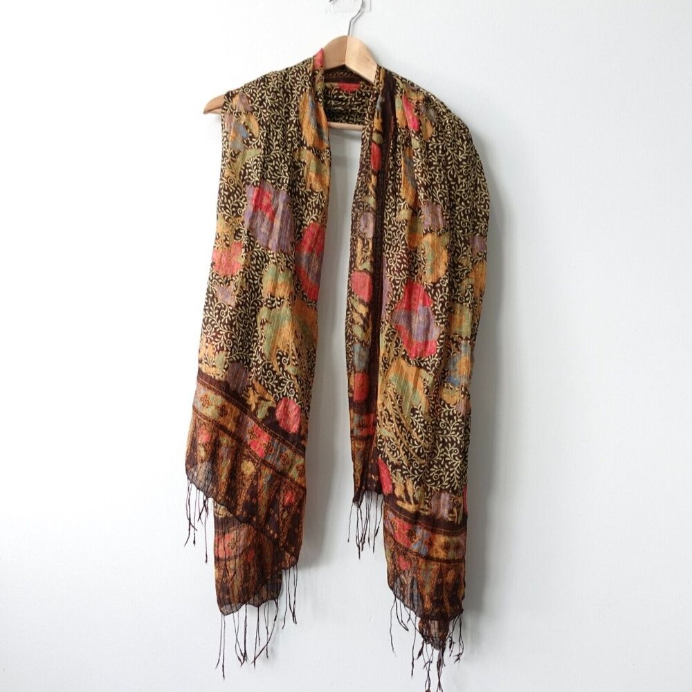 90s Boho Floral Scarf Brown Whimsigoth Long Shawl Wrap Fringes Retro Light